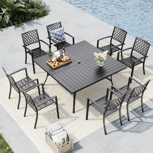 MFSTUDIO Juego de comedor al aire libre para 8, juego de mesa y sillas de metal para patio, juego de muebles de patio de 9 piezas, juego de comedor