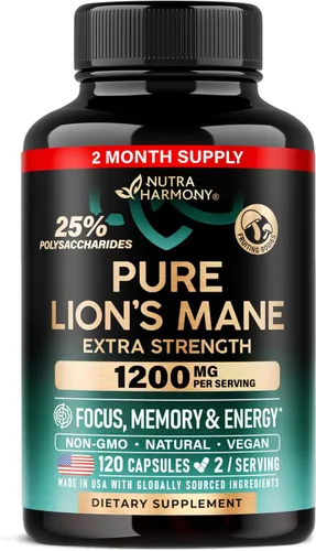 Cápsulas de suplemento de melena de león - Melena de león orgánica - Fabricado en EE.UU. - Extracto de cuerpos fructíferos - 1200 mg, 25%