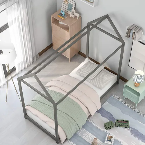 Miniatura 4 de Harper & Bright Designs Base de cama Montessori de tamaño individual, cama de piso de madera con techo para niños y niñas, no necesita somier, gris