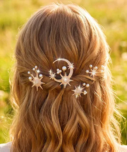 Miniatura 7 de Kilshye Accesorios dorados para el cabello, horquillas de estrella para el cabello de novia para mujeres (paquete de 4)