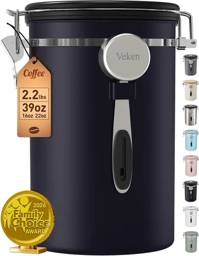 Miniatura 11 de Veken - Recipiente hermético para café de acero inoxidable, contenedor de almacenamiento de alimentos para la cocina con registro de fecha y cuchara