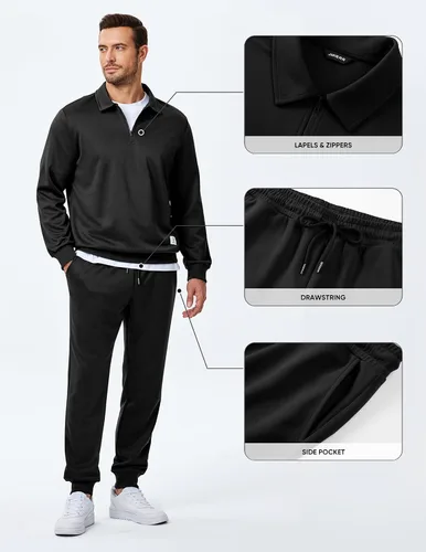 Miniatura 4 de JMIERR Conjunto deportivo de 2 piezas para hombre, con cremallera de un cuarto, camiseta tipo polo y pantalones deportivos