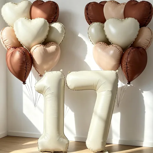 Miniatura 31 de Globos de 40 pulgadas color crema número 10, 17 piezas de globos de helio grandes con globos de corazón neutros crema nude caramelo beige marrón