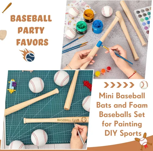 Miniatura 4 de Libima Juego de 12 mini bates de béisbol y pelotas de béisbol de espuma de 2 pulgadas, pequeños murciélagos de madera sin terminar de 8 pulgadas