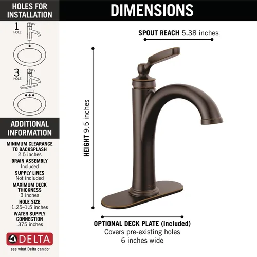 Miniatura 3 de Grifo de Baño Delta Woodhurst Bronce Frotado con Aceite de 1 Orificio, Grifo de Lavabo de Baño de Un Solo Orificio para Tocador, Ensamblaje