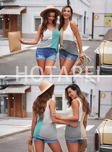Miniatura 2 de HOTAPEI - Camisetas sin mangas con cuello en V de punto estilo casual con bloques de color a rayas para mujer
