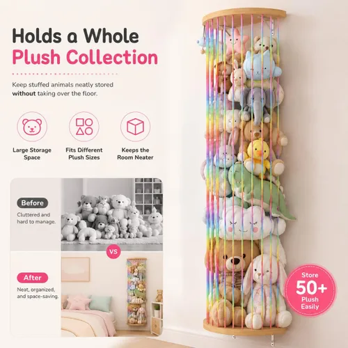 Miniatura 5 de Hamaca de almacenamiento de animales de peluche, diseño de medio círculo de madera, organizador de juguetes de felpa para decoración de habitación