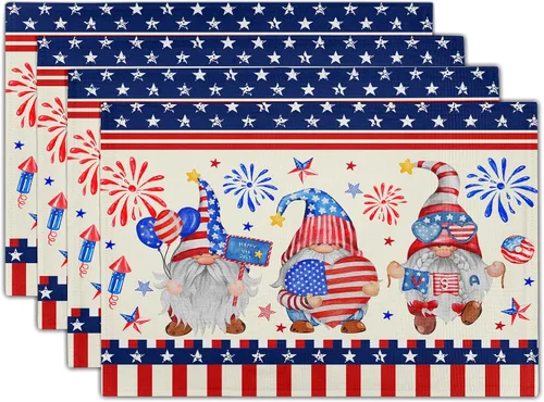 Juego de 4 manteles individuales del 4 de julio, Día de la Independencia patriótico de Estados Unidos, resistentes al calor, lavables, manteles