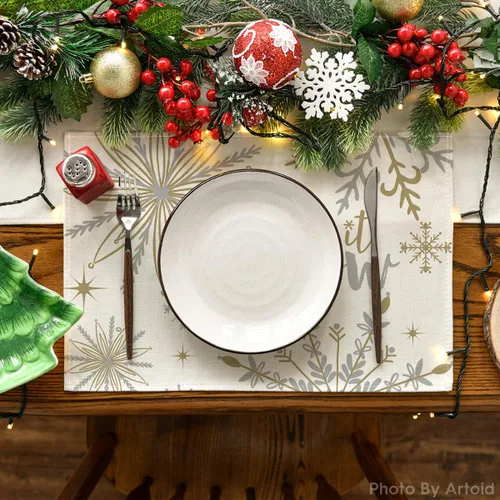 Miniatura 2 de Artoid Mode Juego de 4 manteles individuales de mesa con diseño de copo de nieve beige Let It Snow de invierno, 12 x 18 pulgadas, manteles de mesa