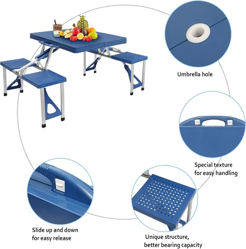 Miniatura 6 de Mesa de picnic plegable portátil de 4 pies con asientos sillas y agujero para paraguas, ligera y compacta de aluminio al aire libre, camping, patio