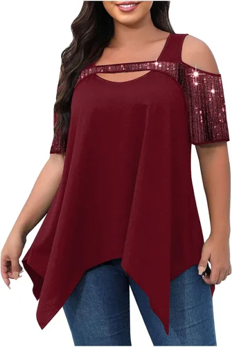 Blusa de manga corta con hombros descubiertos y talla grande, con lentejuelas brillantes y empalme de moda, con dobladillo de pañuelo