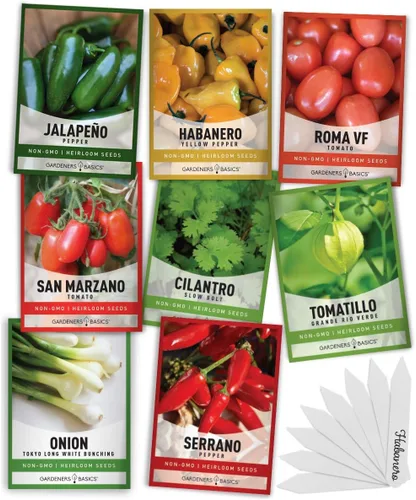 Gardeners Basics, Heirloom - Paquetes de semillas de cultivo de salsa caliente, 8 variedades de habanero, jalapeño, pimientos serranos, romana,