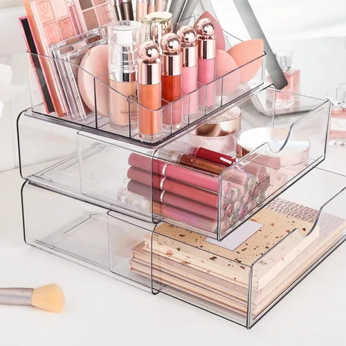 Miniatura 5 de Vtopmart - Organizador de maquillaje de plástico transparente de 1 nivel con cajón, almacenamiento de cosméticos para encimera de tocador y tocador