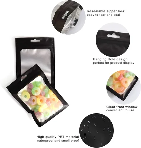 Miniatura 3 de 100 bolsas de Mylar resellables, a prueba de olores, con ventana transparente; bolsa de papel aluminio, plana, con cierre resellable.