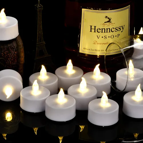 Miniatura 5 de Velas de té sin llama, funcionan con pilas, velas votivas eléctricas parpadeantes LED, paquete de 24 unidades, realistas y brillantes para fiestas
