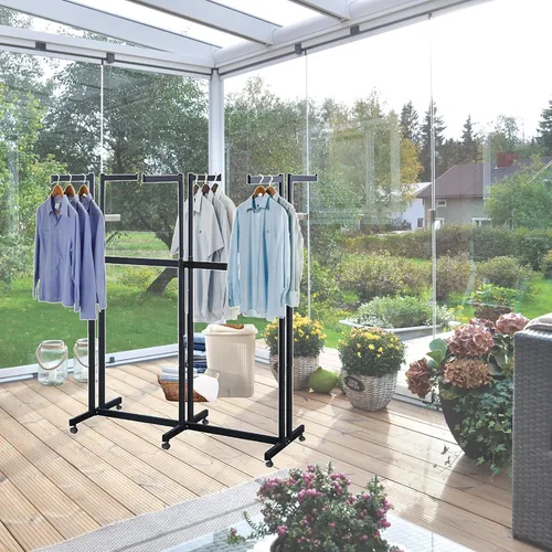 Miniatura 7 de Perchero de pie de metal para ropa - Estantes de exhibición resistentes para uso comercial con ruedas, perchero de ropa de 6 brazos, perchas