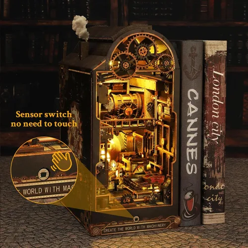Miniatura 5 de Rincón de libros, kit de casa en miniatura, rompecabezas 3D de madera, luces LED, manualidades de decoración para adultos y adolescentes