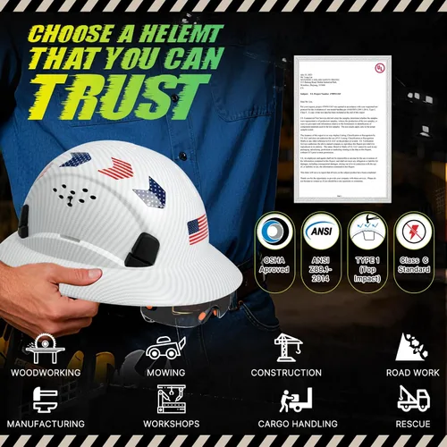 Miniatura 8 de Casco duro de ala completa con patrón de fibra de carbono con visera, casco de seguridad de construcción aprobado por la OSHA para hombres y Fibra