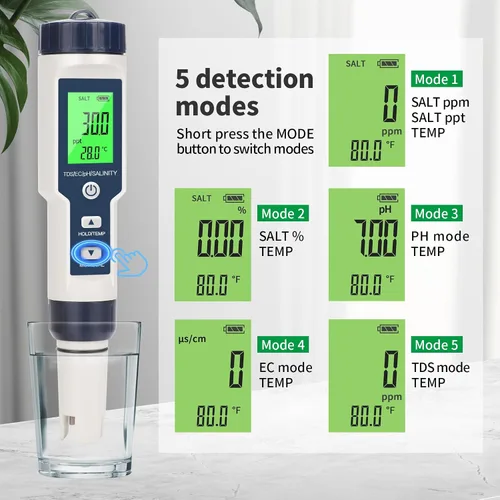 Miniatura 3 de Probador de sal de piscina, probador digital de agua de piscina, preciso y confiable, salinidad, medidor de pH, EC, TDS y temperatura 5 en 1; kit