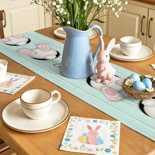 Miniatura 9 de Camino de Mesa de Algodón y Lino Happy Easter, Bufandas para Cómoda, Cola de Conejo, Huevo, Rústico, Granja, Madera, Antideslizante, Arpillera