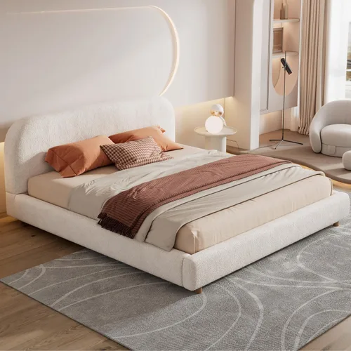 Miniatura 18 de Cama de Plataforma Tapizada con Forma Curva con Cabecera de Forma Curva, Marco de Cama de Madera Tamaño Full para Dormitorio de Niños y Adultos