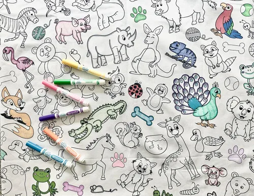 Diseño Divertido de Animales – Mantel Cuadrado 152 cm x 152 cm – Mantel para Colorear Interactivo para Niños - Tela de Poliéster/Algodón – Lavable y