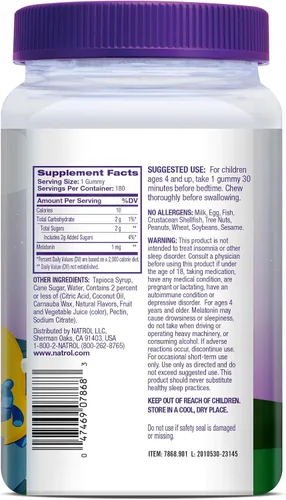 Miniatura 10 de Natrol Melatonina para niños 1 mg, suplemento dietético para un sueño reparador, gomitas de melatonina para niños, 180 gomitas con sabor a