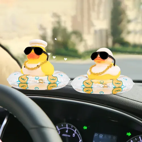 Miniatura 7 de wonuu Adorno de pato de goma para automóvil, accesorios de decoración de tablero de instrumentos con mini collar de anillo de natación y gafas de sol