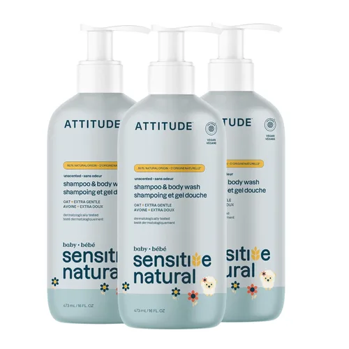 ATTITUDE Baby Champú y gel de baño 2 en 1, verificado por EWG, ingredientes a base de plantas y minerales, productos veganos para pieles sensibles,