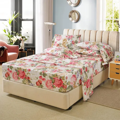 Miniatura 7 de ABREEZE Juego de sábanas con estampado floral beige, juego de ropa de cama bohemio, juego de ropa de cama de lujo de 4 piezas, medallón de damasco