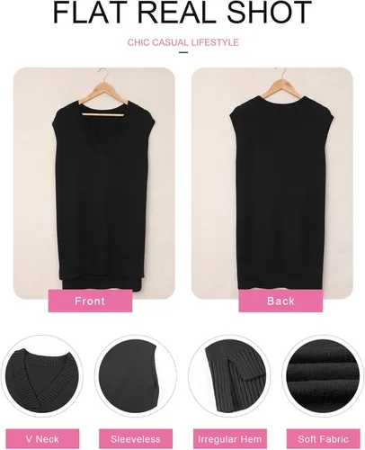 Miniatura 4 de EVLAESS - Chaleco de gran tamaño para mujer, cuello en V, sin mangas, color sólido, suéter suelto