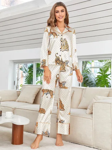 Miniatura 3 de WDIRARA Conjunto de pijama de manga corta y pantalones de satén a rayas para mujer