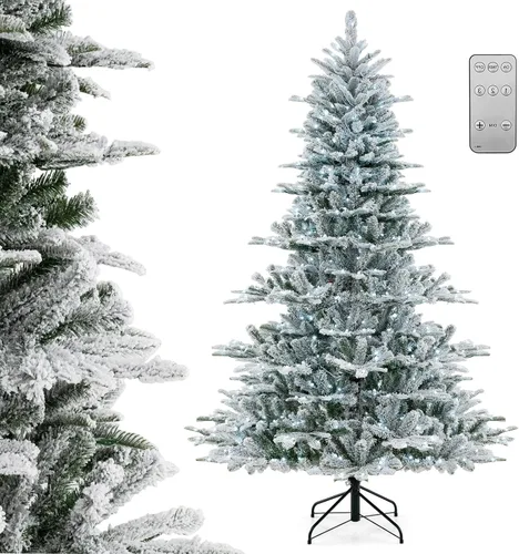 Miniatura 10 de DORTALA Árbol de Navidad flocado preiluminado de 6 pies, árbol de Navidad artificial con bisagras con 500 luces LED blancas frías, control remoto, 3
