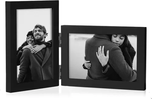 Miniatura 23 de Marco de fotos doble de 4 x 6 pulgadas con bisagras horizontales, marco de fotos plegable en madera de pino negro con vidrio real para mesa