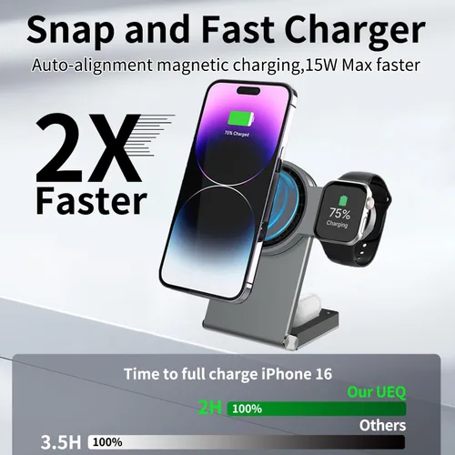 Miniatura 4 de Estación de carga inalámbrica 3 en 1 para iPhone 17 16e 16 15 14 13 12 11 Pro Max, Apple Watch 10 9 8 7 6 5 4 3 2 SE Ultra, AirPods 4 3 Pro, soporte