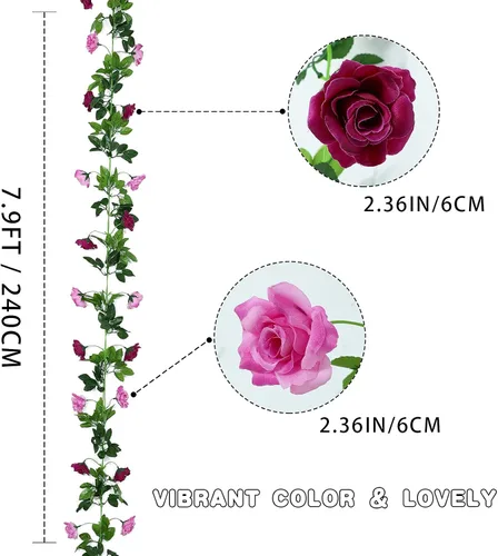 Miniatura 2 de Floweroyal Paquete de 2 guirnaldas de flores artificiales de 15.8 pies, flores de seda falsas de hiedra rosa para colgar en el arco de boda, fiesta