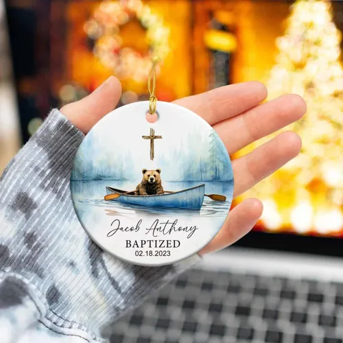 Miniatura 6 de Adorno de cerámica de bautizo bautizado con oso, recuerdo de bautizo personalizado de animales, adorno de bautismo personalizado de Dios bendiga