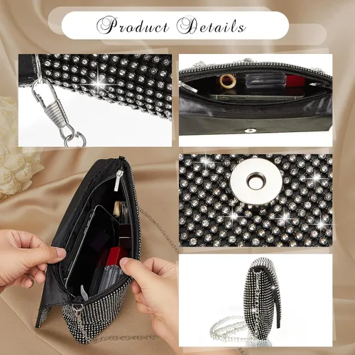 Miniatura 3 de Tessco Bolso de noche para mujer con purpurina para mujer, para noche, boda, fiesta, graduación, bolso de diamantes de imitación con cadena