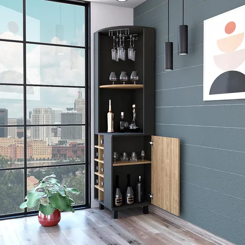 Miniatura 4 de FM FURNITURE Leah Armario esquinero para bar con 2 estantes abiertos, 2 estantes interiores, estante de vidrio y 10 cubos de vino, negro/pino