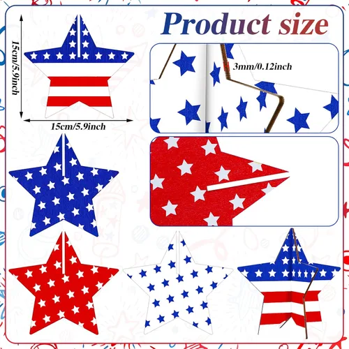 Miniatura 2 de Bucherry 4 juegos de centros de mesa patrióticos para el Día de los Caídos de madera, letreros de estrellas de madera, rojo, blanco, azul, 4