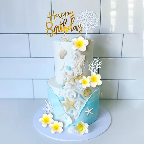 Miniatura 5 de 21 piezas de decoración de pastel de flores hawaianas para pastel de playa con estrellas de mar artificiales de plumeria para Hawaii Aloha tema