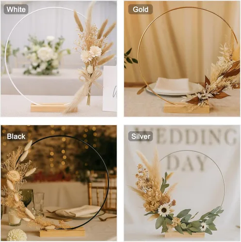 Miniatura 9 de Paquete de 12 aros florales con soporte y luces LED de hadas de 14 pulgadas, anillos de metal para centro de mesa DIY, decoraciones para Plata