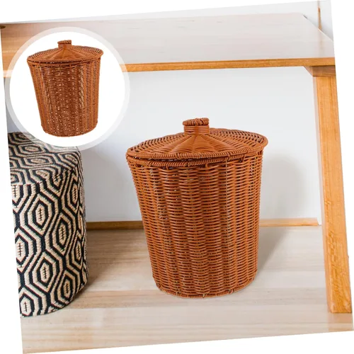 Miniatura 3 de YARNOW Cubo de basura de ratán con tapa de 9.2 x 9.2 x 11 pulgadas, cesta de plástico tejida para organización del hogar, cocina, baño, sala de estar