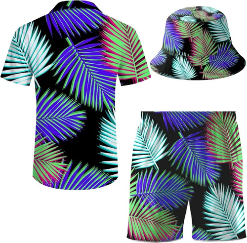 Miniatura 3 de ifamawlea Conjunto de 2 piezas para hombre, camisa hawaiana, pantalones cortos, camisa con botones y pantalones cortos con sombreros de pescador