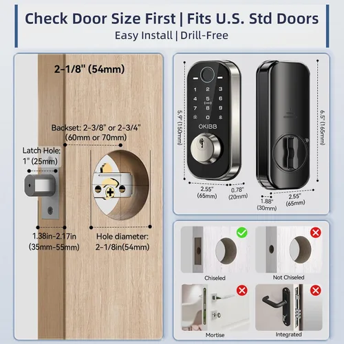 Miniatura 8 de Cerradura de puerta con huellas dactilares para puerta principal incorporada Wi-Fi OKIBB, cerradura inteligente de entrada sin llave con APP