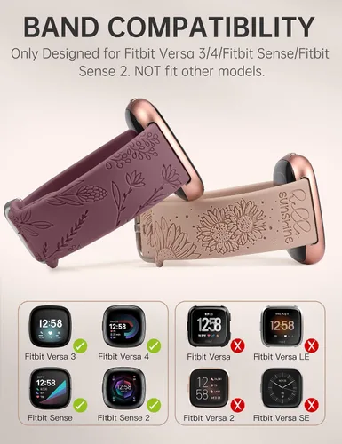 Miniatura 2 de Minyee Paquete de 2 correas grabadas florales compatibles con Fitbit Versa 4/Versa 3/Sense 2/Sense Band para mujer, lindo diseño de girasol