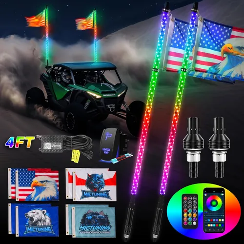 Miniatura 11 de MICTUNING 2PCS Luces LED Whip W1 de 3 pies con bandera y base de resorte, luces whip de persecución en espiral RGB+IC con APP, sincronización
