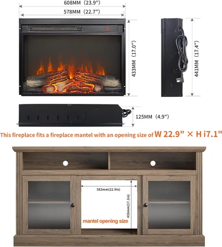 Miniatura 6 de Inserto para chimenea eléctrica de 23 pulgadas, calentador empotrado ultrafino con tronco y llama realistas, brillo de 4 llamas ajustable, control