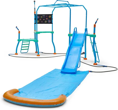 Plum Play Kids - Equipo de juego al aire libre tobogán acuático para niños pequeños, pistola de agua, barras de mono, aspersor para niños, cubo de