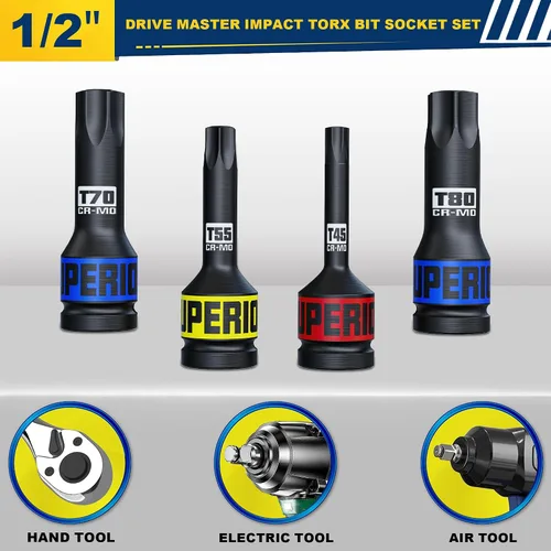 Miniatura 5 de Juego de 10 piezas de llaves de vaso Torx de impacto de 1/2 pulgada, T25 - T80, juego de llaves de vaso de puntas estrella de impacto, acero CR-MO